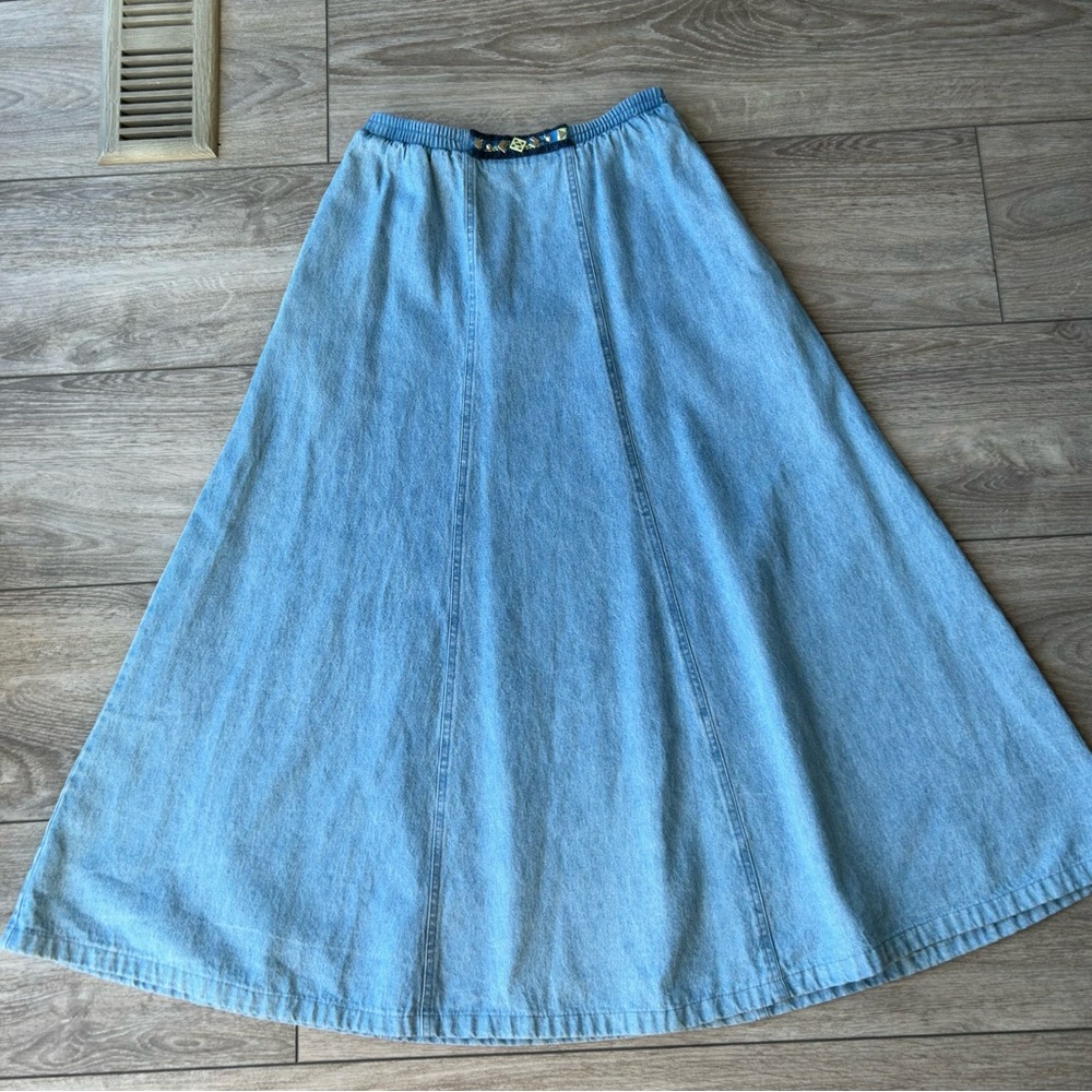 Vintage Traditional Tribal A Line Flowy Denim Midi Skirt - Picture 7 of 12